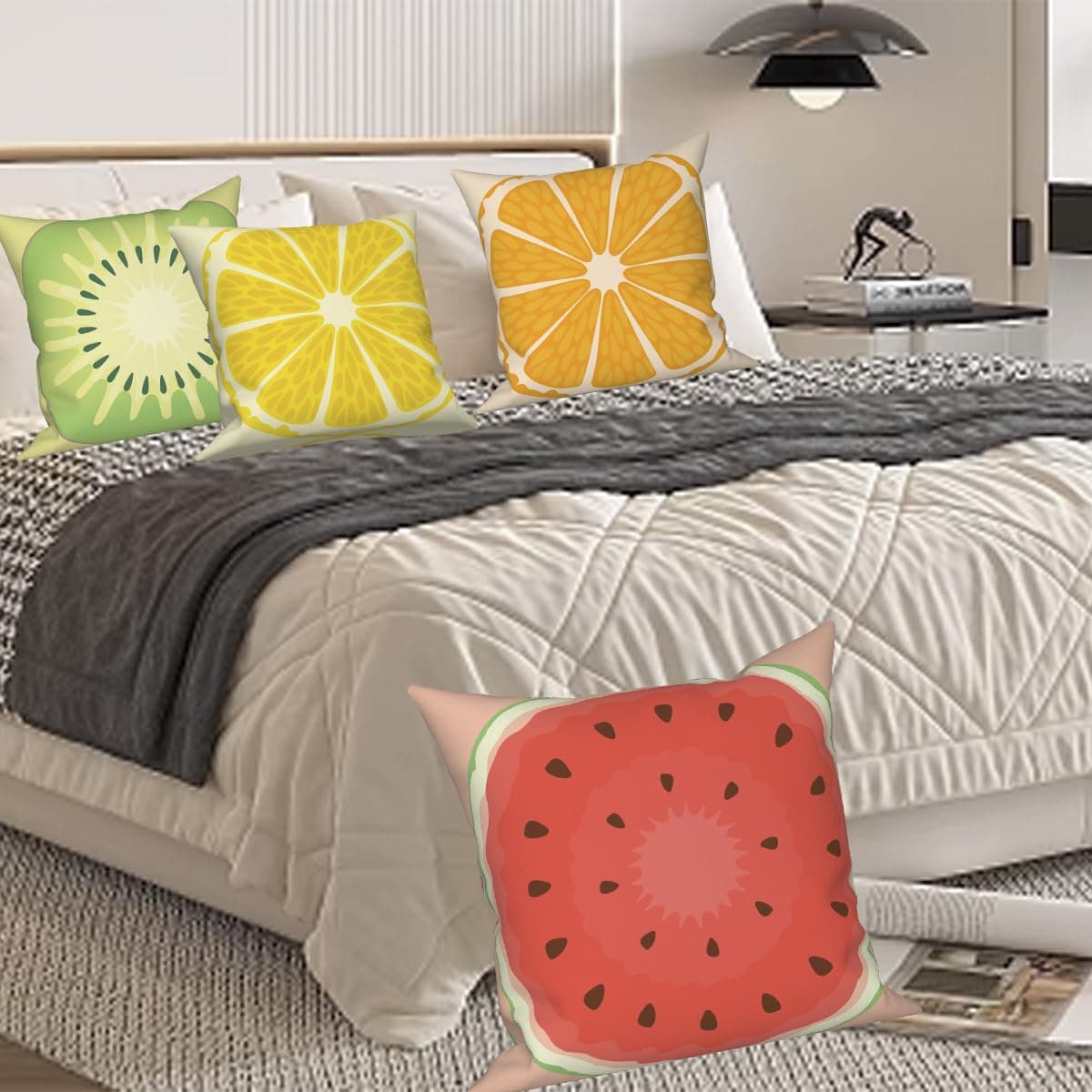 Vie Savaran Summer Fruit Throw Pillow Covers 18''x18'' Set of 4, Lemon Watermelon Kiwifruit Orange Pillowcase Colorful Printed Cushion Covers for Couch Sofa Bedroom Farmhouse Garden Patio Decorative thumbnail 4