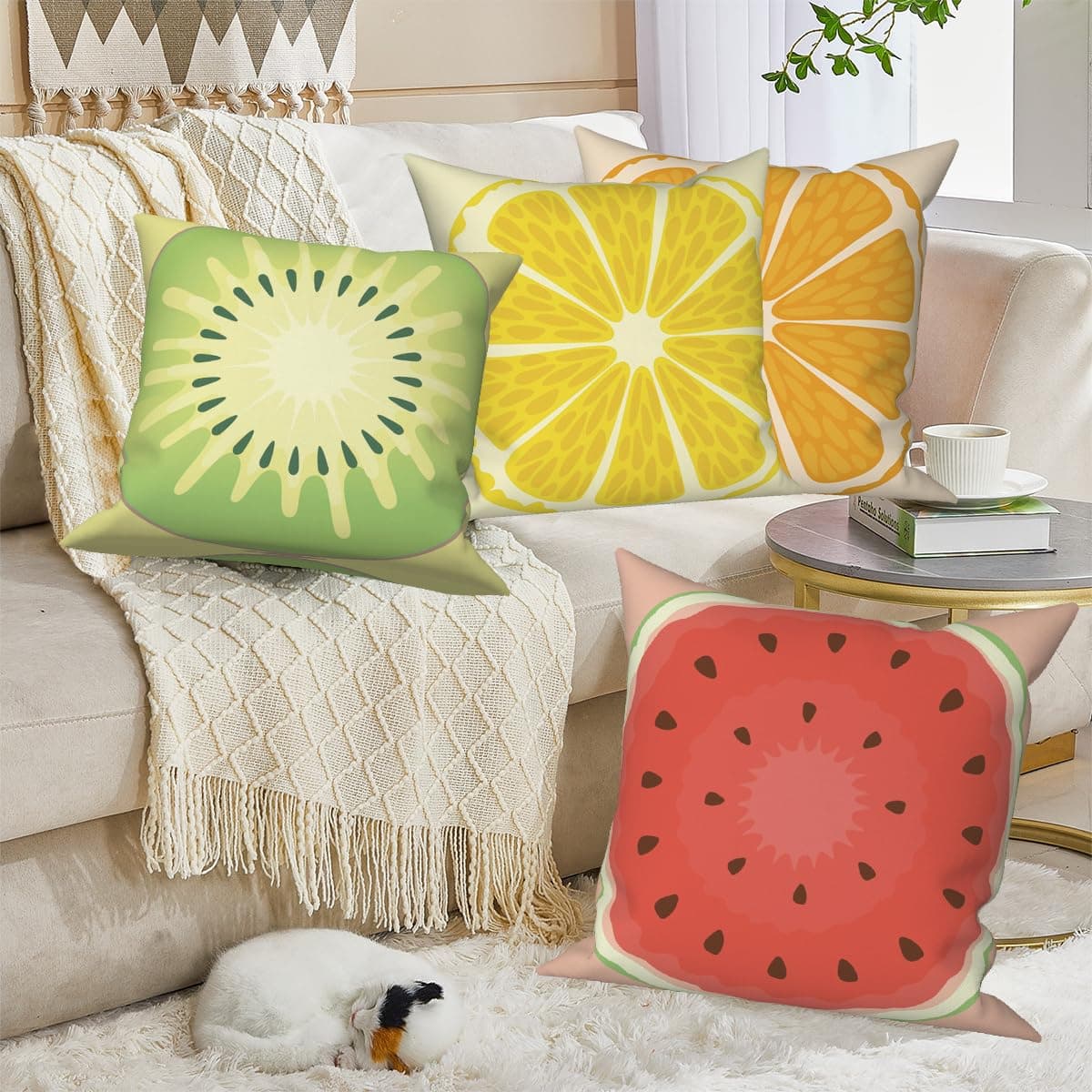 Vie Savaran Summer Fruit Throw Pillow Covers 18''x18'' Set of 4, Lemon Watermelon Kiwifruit Orange Pillowcase Colorful Printed Cushion Covers for Couch Sofa Bedroom Farmhouse Garden Patio Decorative thumbnail 5