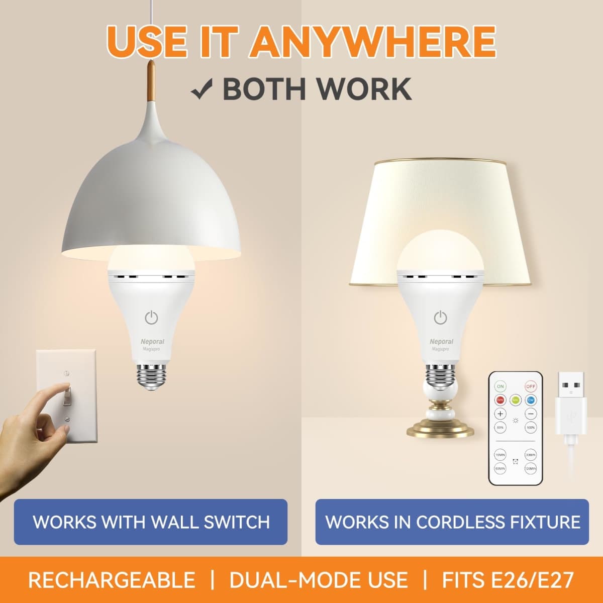 Neporal MagixPro Remote Rechargeable Light Bulbs, USB & Socket Charging, 1800mAh Battery, Dimmable LED Bulb for Hardwired Non-Wired Lamps Sconces, Touch+Remote Control, Wall Switch Compatible, 2 Pack thumbnail 2
