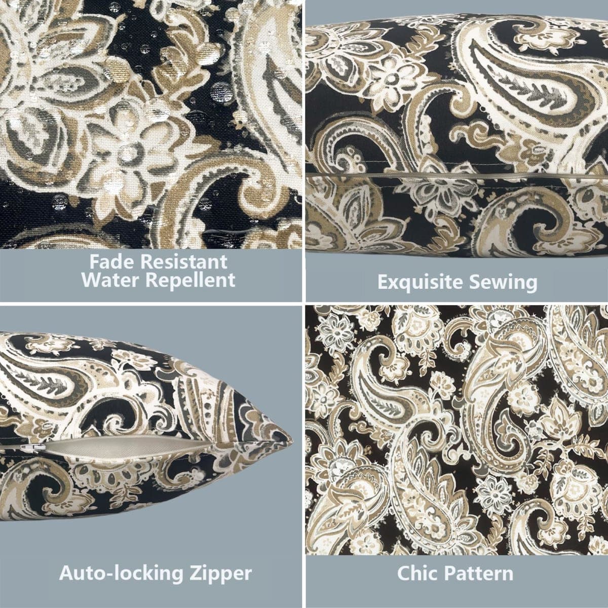 LVTXIII Outdoor Pillow Covers 20x20 Inch, 2 Pack Large Square Throw Pillow Cases, Fade-Resistant Cushion Covers for Patio Furniture Sofa, Garden Porch, Paisley Black thumbnail 4