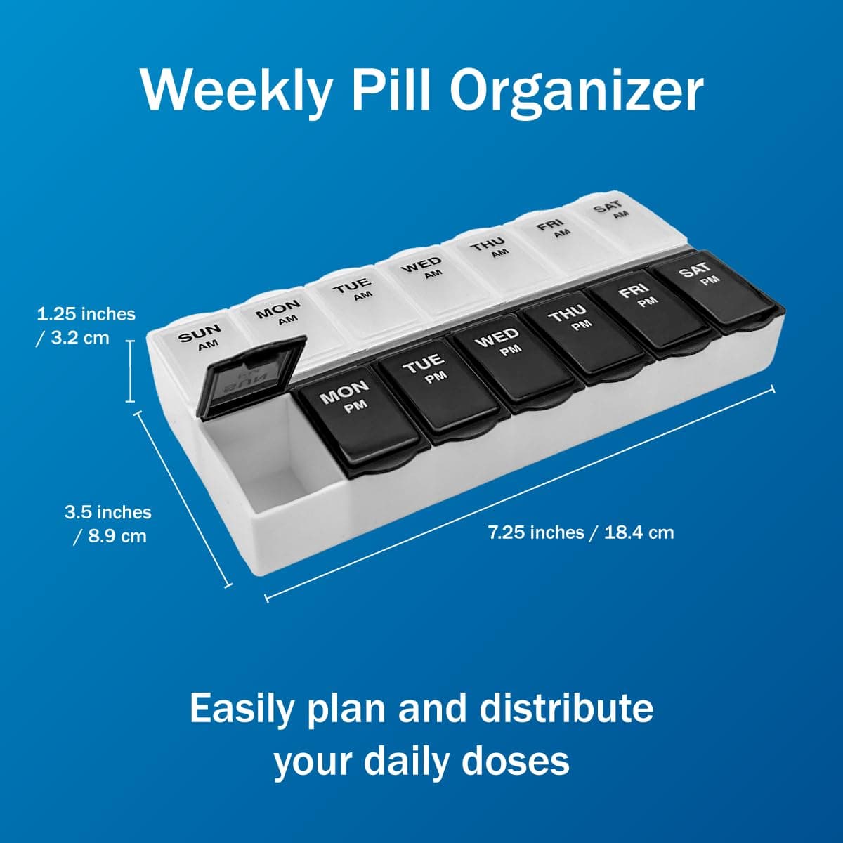 Amazon Basic Care 7-Day AM/PM Pill Organizer, Vitamin Case and Medicine Box with Large Compartments, 2 Times a Day, Black and Clear Lids thumbnail 2