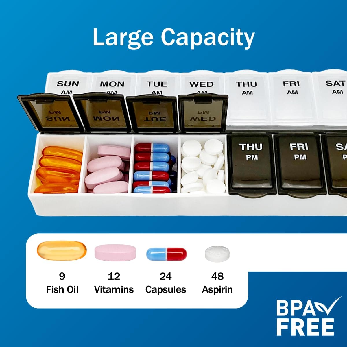 Amazon Basic Care 7-Day AM/PM Pill Organizer, Vitamin Case and Medicine Box with Large Compartments, 2 Times a Day, Black and Clear Lids thumbnail 3