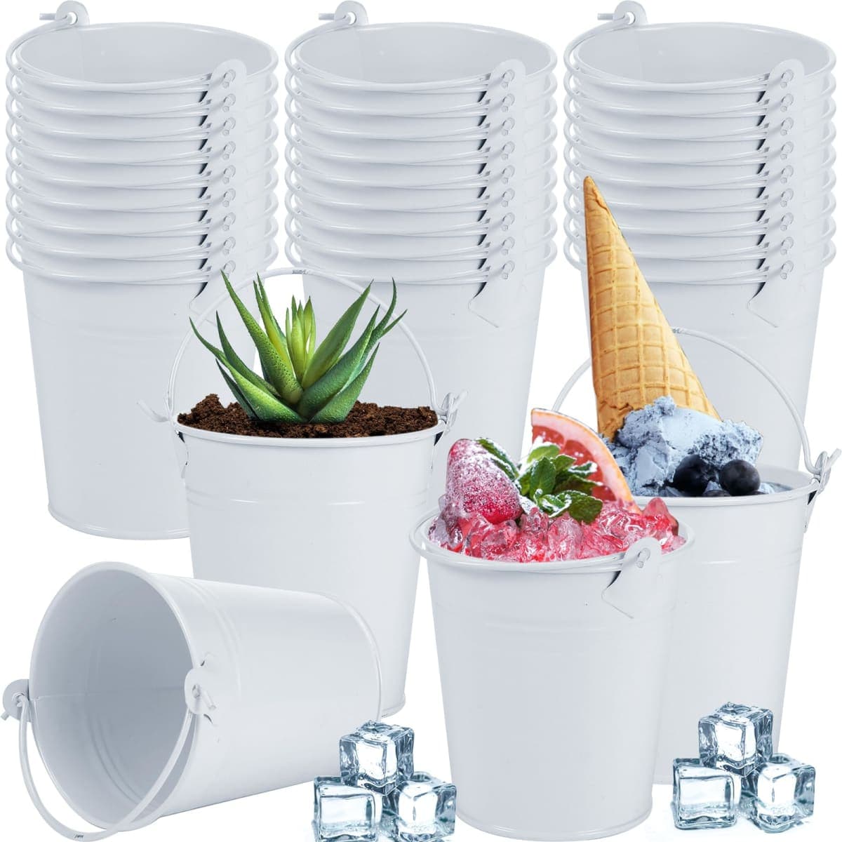 Didaey Mini Metal Buckets with Handles Galvanized Buckets 3.15 Inch Mini Container Pails for Metal Tin Plant Holder Pail for Wedding Decoration Party Favor(White,28 Pcs) — image 1