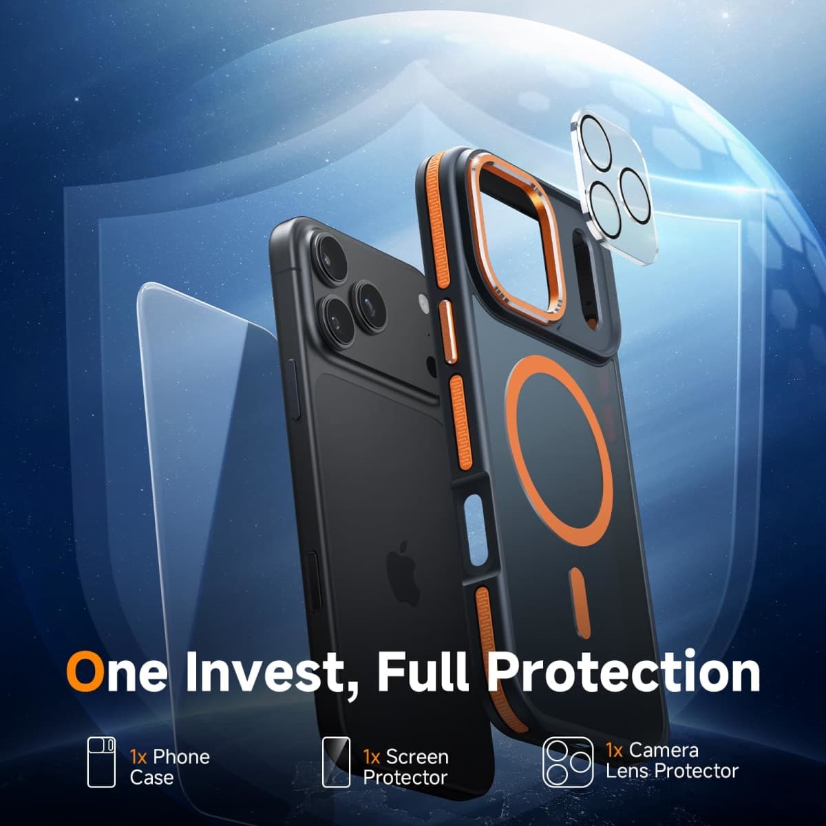 DOMAVER Magnetic 3 in 1 for iPhone 17 Pro Max Case, [Omni-Directional Protection] with 1x Screen Protector + 1x Camera Cover, [Seamless Work with Magsafe] Protective Case for iPhone 17 Pro Max Orange thumbnail 2