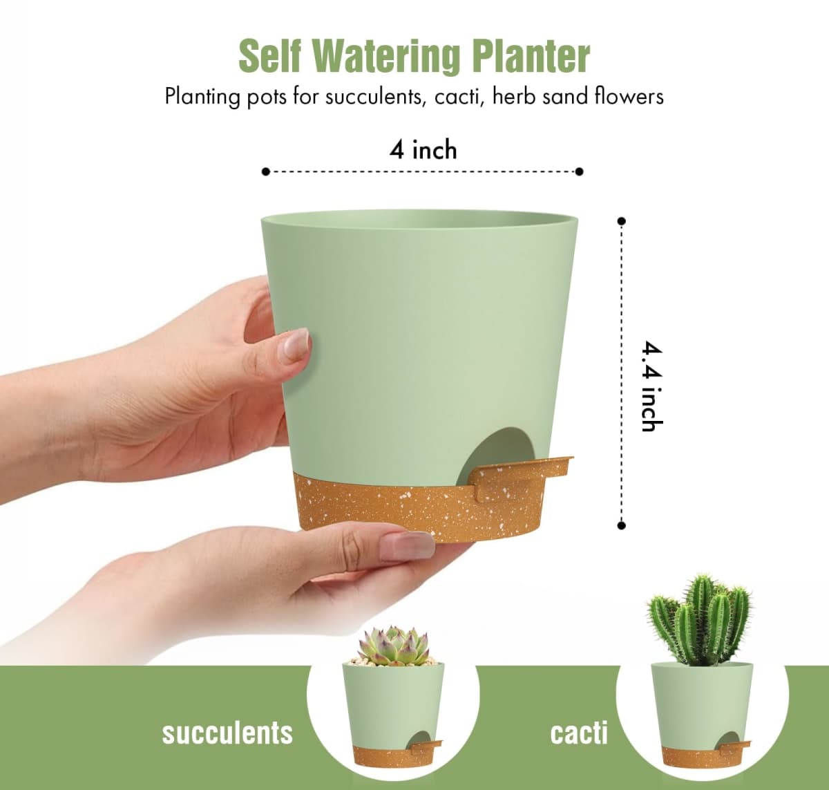 WSMKSZ 4 inch Self Watering Pots for Indoor Outdoor Plants, 6 Pack Plastic Flower Planters with Drainage Holes and Removable Saucers, Plant Pots with Wick Rope, Modern Decor, Green Brown thumbnail 2