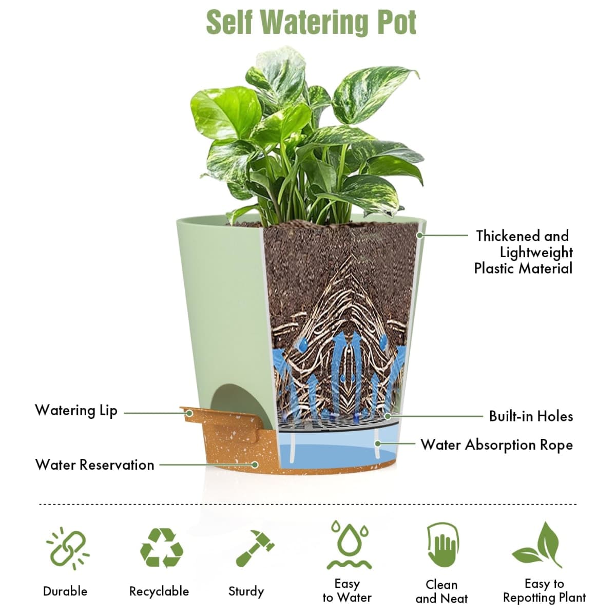 WSMKSZ 4 inch Self Watering Pots for Indoor Outdoor Plants, 6 Pack Plastic Flower Planters with Drainage Holes and Removable Saucers, Plant Pots with Wick Rope, Modern Decor, Green Brown thumbnail 5