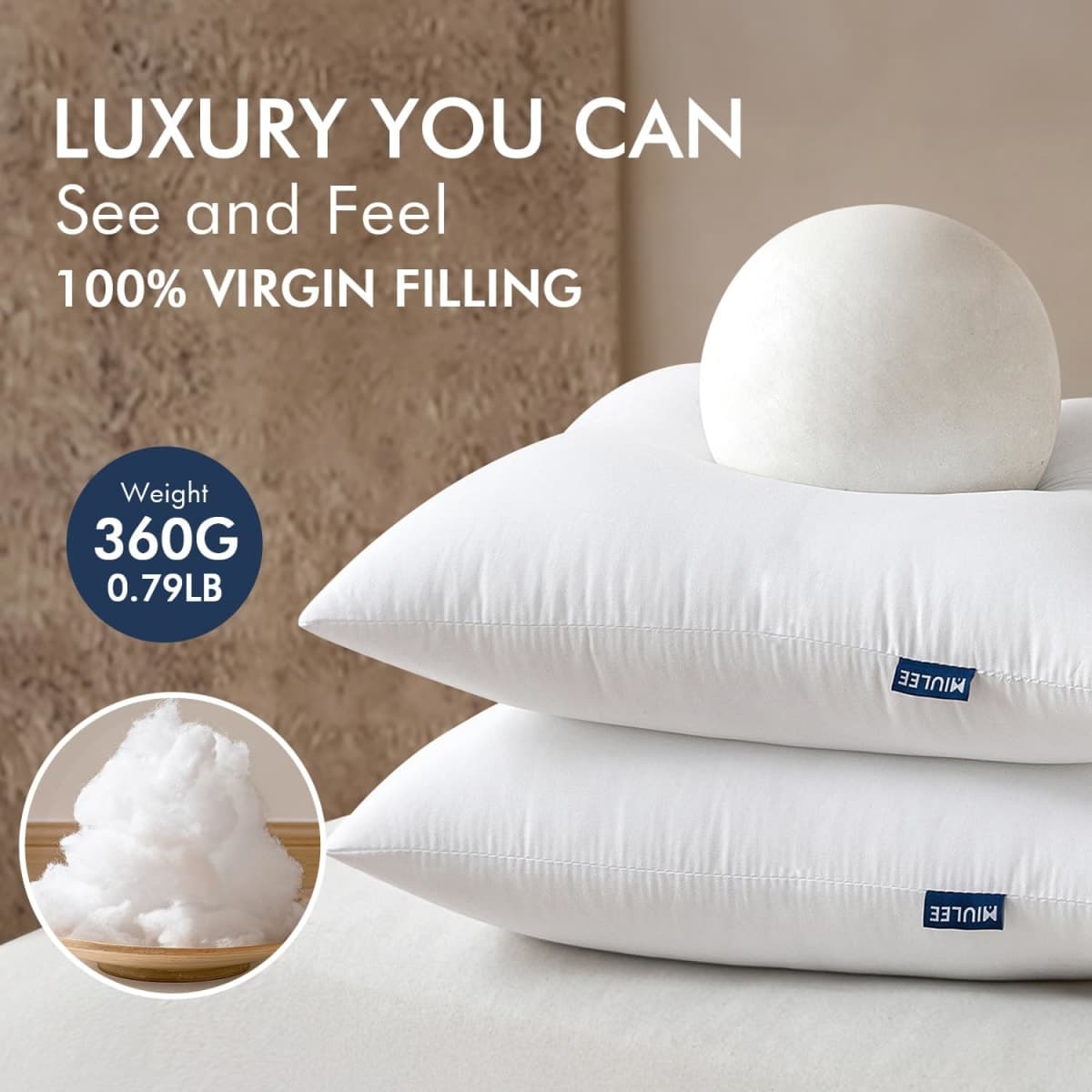 MIULEE Throw Pillows Inserts, Pack of 2 12x20 Inch 100% Virgin Fiber Filling Bed Couch Pillows thumbnail 2
