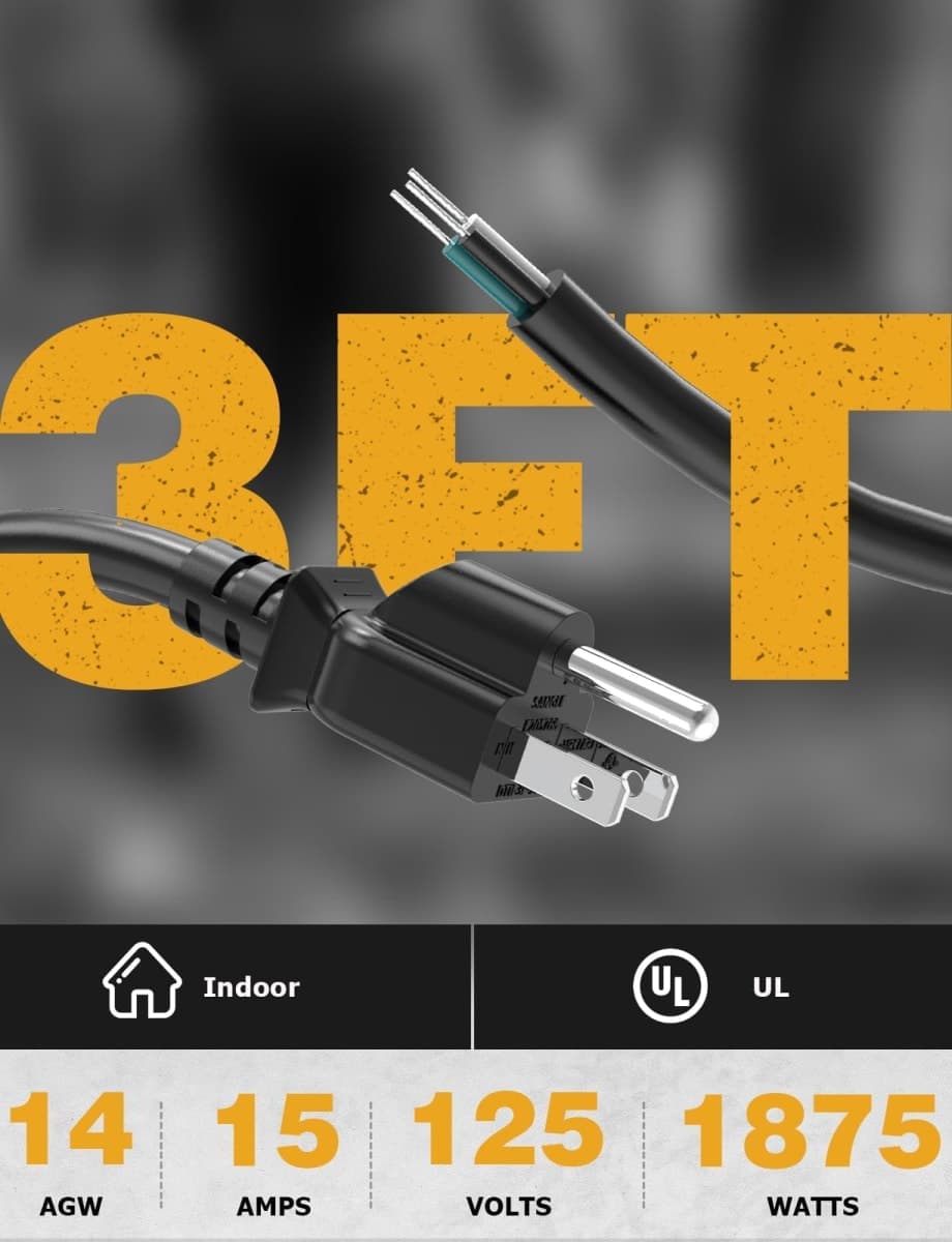 Ancable 3FT 14/3 Replacement Power Cord for Appliances & Power Tools, 14AWG 3 Prong Open End Pigtail, 15A 1875W 125V NEMA 5-15P, UL Listed thumbnail 3