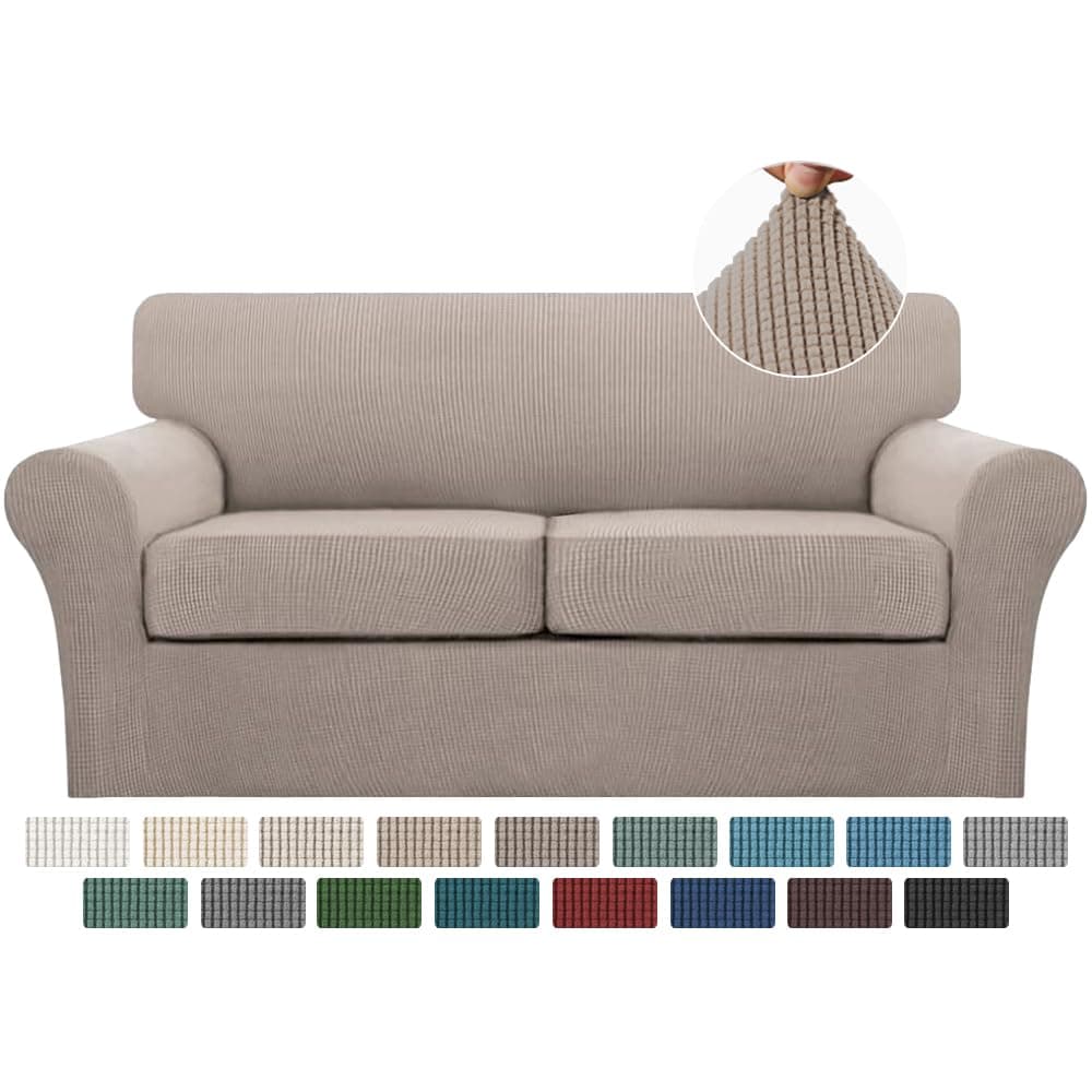 3 Piece Sofa Covers For 2 Cushion Couch Sofa Slipcover Soft Couch Cover For Dogs-Washable Sofa Furniture Covers With 2 Individual Cushion Covers, Feature Thick Jacquard Fabric (2 Cushion Sofa, Sand)