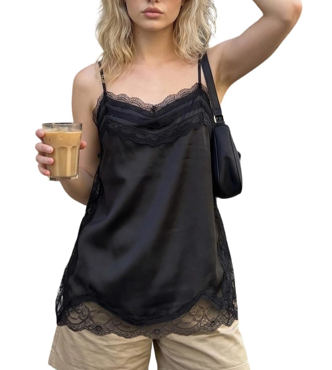 Long Lace Camisole Tops for Women Square Neck Side Split Flowy Tank Top Chiffon Lace Trim Cami Tunic Undershirt, Black, X-Large — image 1