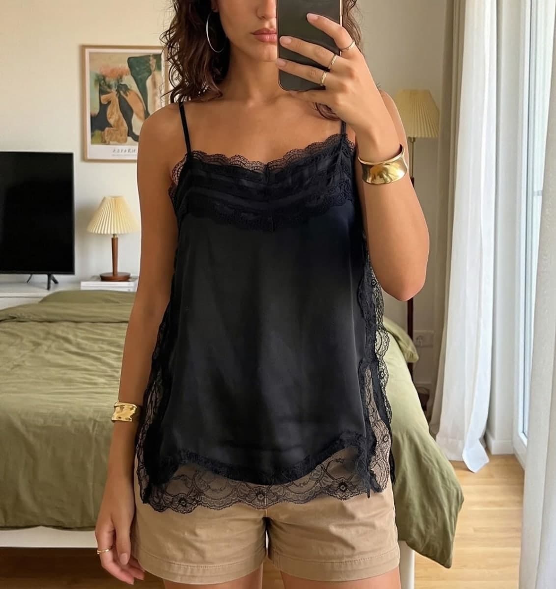Long Lace Camisole Tops for Women Square Neck Side Split Flowy Tank Top Chiffon Lace Trim Cami Tunic Undershirt, Black, X-Large thumbnail 2