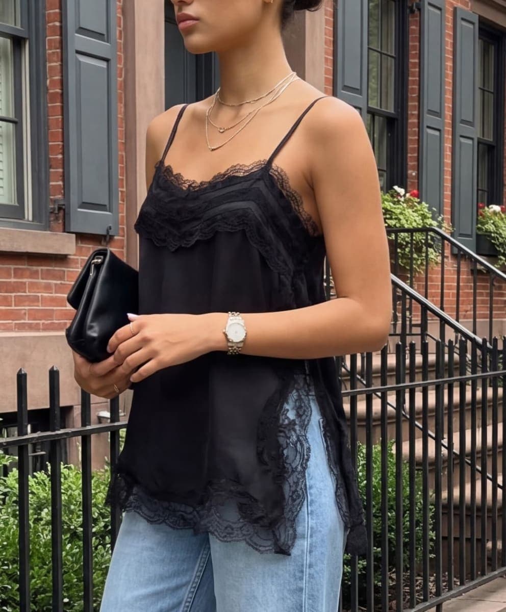 Long Lace Camisole Tops for Women Square Neck Side Split Flowy Tank Top Chiffon Lace Trim Cami Tunic Undershirt, Black, X-Large thumbnail 3