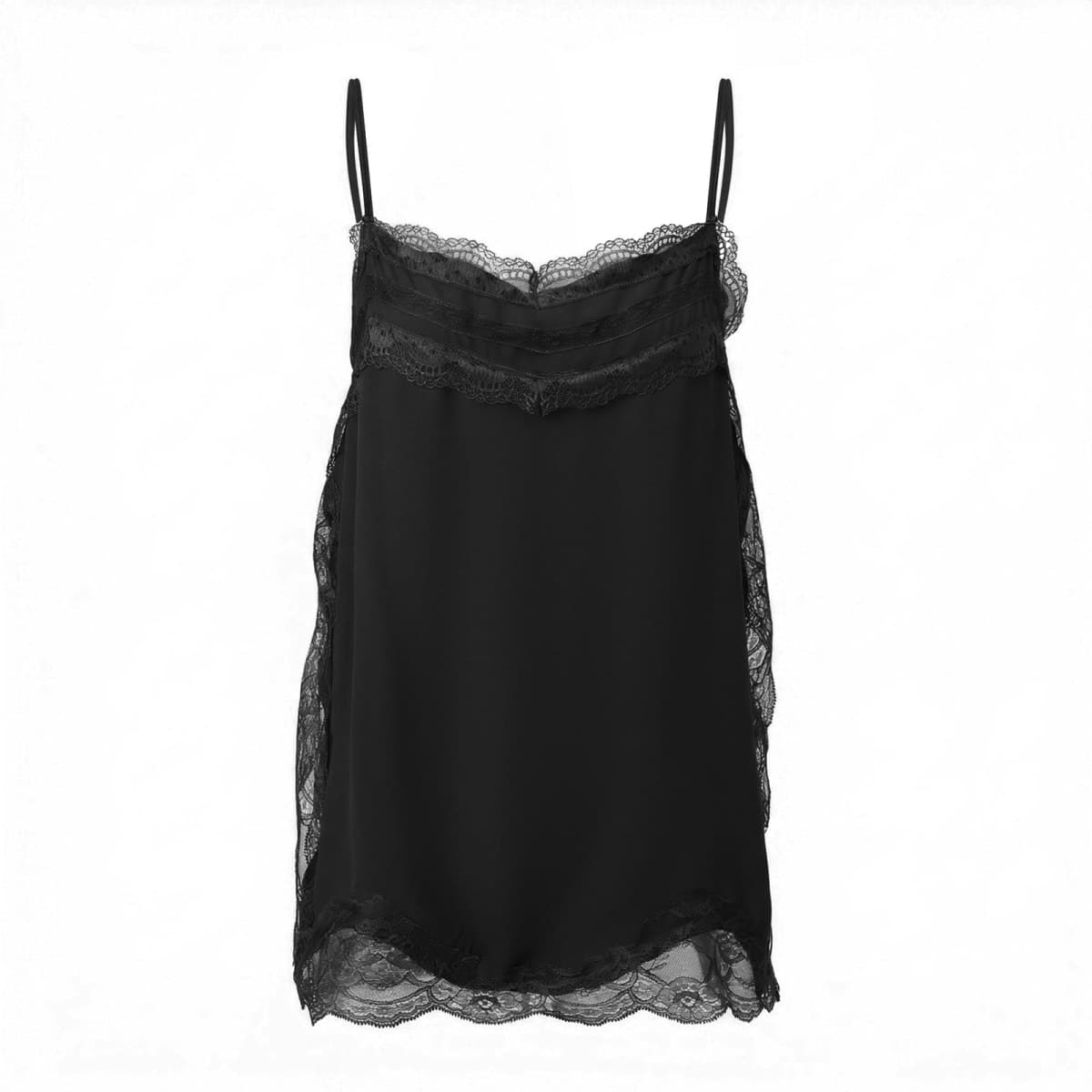 Long Lace Camisole Tops for Women Square Neck Side Split Flowy Tank Top Chiffon Lace Trim Cami Tunic Undershirt, Black, X-Large thumbnail 5