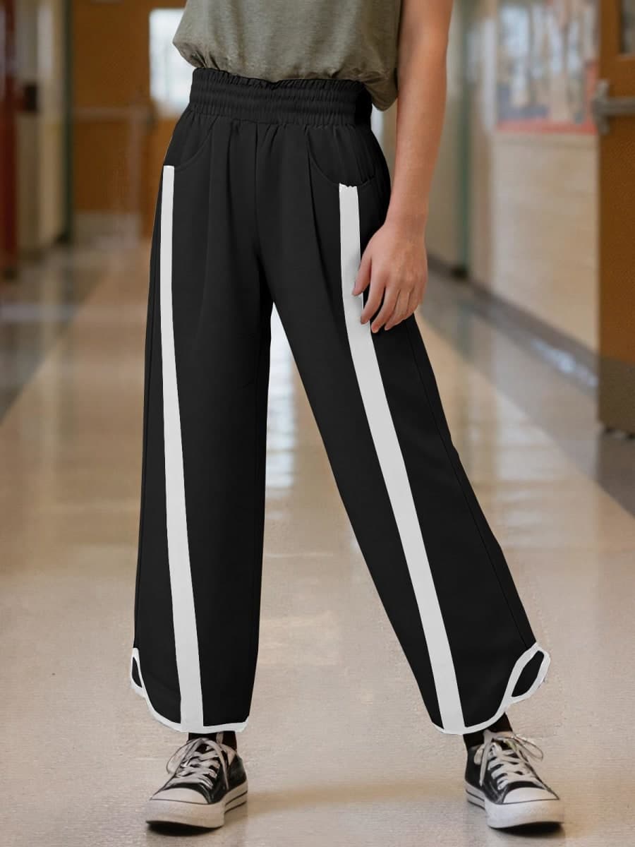 Seiciviy Girls Wide Leg Pants Kids Striped Elastic Waist High Waisted Track Pants with Pockets 7-14 Years, Black, 11-12 Years thumbnail 2