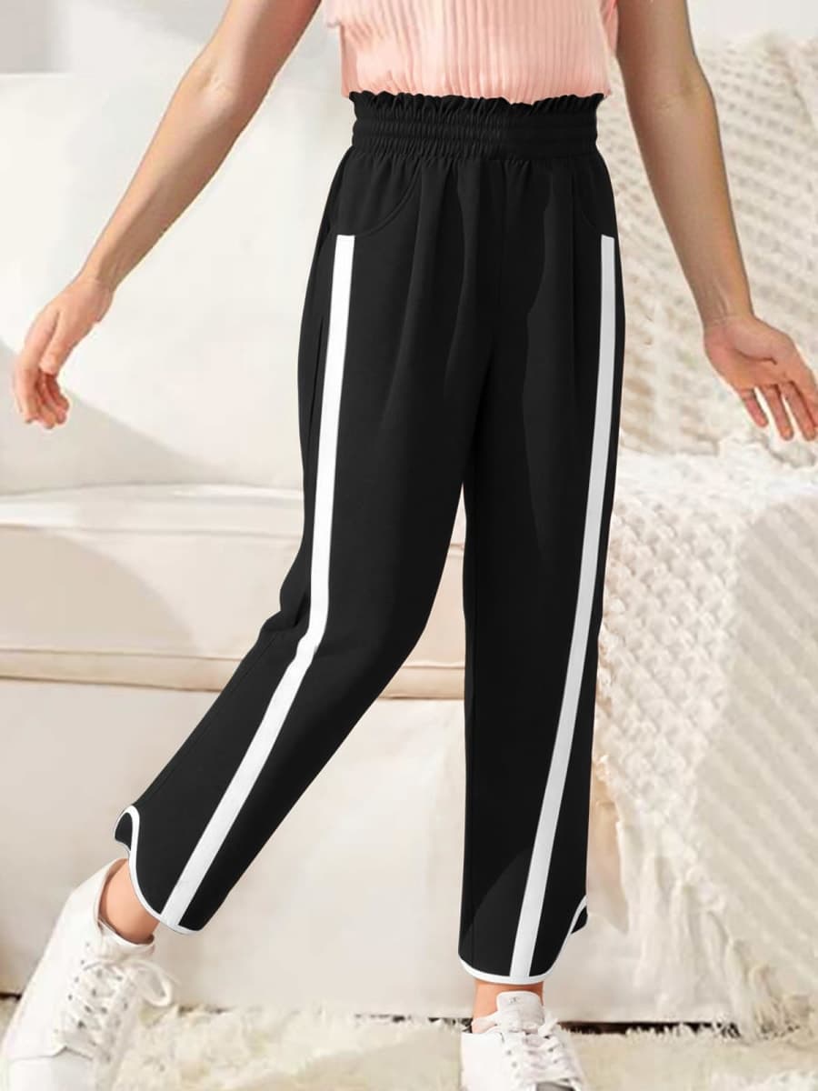 Seiciviy Girls Wide Leg Pants Kids Striped Elastic Waist High Waisted Track Pants with Pockets 7-14 Years, Black, 11-12 Years thumbnail 3
