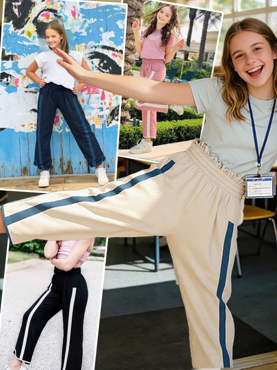Seiciviy Girls Wide Leg Pants Kids Striped Elastic Waist High Waisted Track Pants with Pockets 7-14 Years, Black, 11-12 Years thumbnail 4