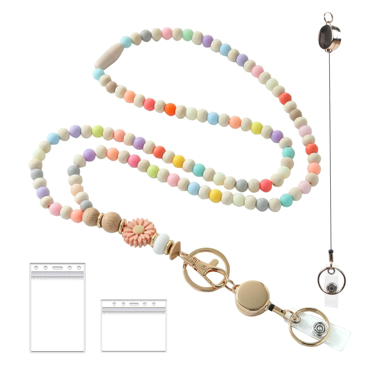 Disstong Wooden Beaded Lanyard for Women - Teacher Nurse ID Badge Holder - Retractable Breakaway Keychain for Keys (Cute Boho Style with Flower & Colorful Beads) — image 1