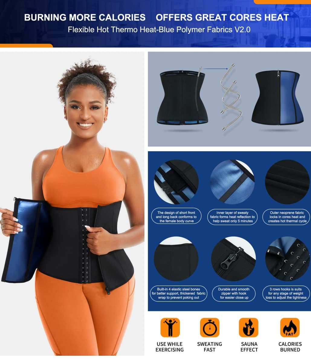 TrainingGirl Waist Trainer for Women Lower Belly Waist Trimmer Corset Tummy Wrap Workout Sweat Belt Band Sports Sauna Suit, Black-blue Inner, Medium thumbnail 2