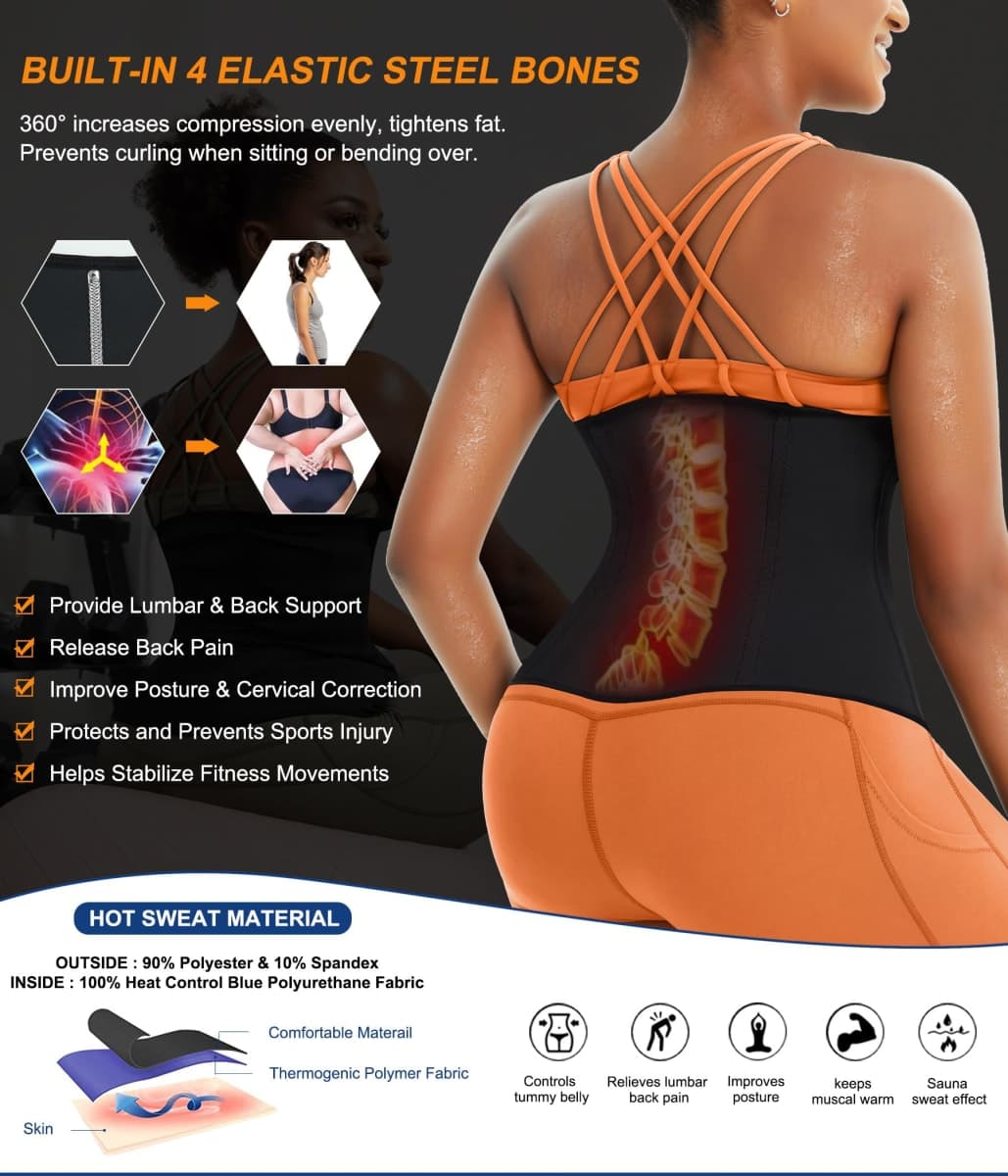 TrainingGirl Waist Trainer for Women Lower Belly Waist Trimmer Corset Tummy Wrap Workout Sweat Belt Band Sports Sauna Suit, Black-blue Inner, Medium thumbnail 5