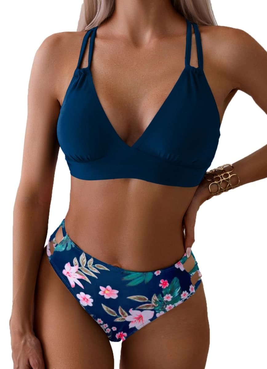 Tainehs Women's Push Up V Neck Bikini Sets Criss Cross Back Two Piece Bathing Suit, Dark Blue Floral, Medium — image 1