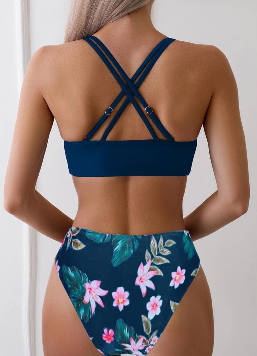 Tainehs Women's Push Up V Neck Bikini Sets Criss Cross Back Two Piece Bathing Suit, Dark Blue Floral, Medium thumbnail 2