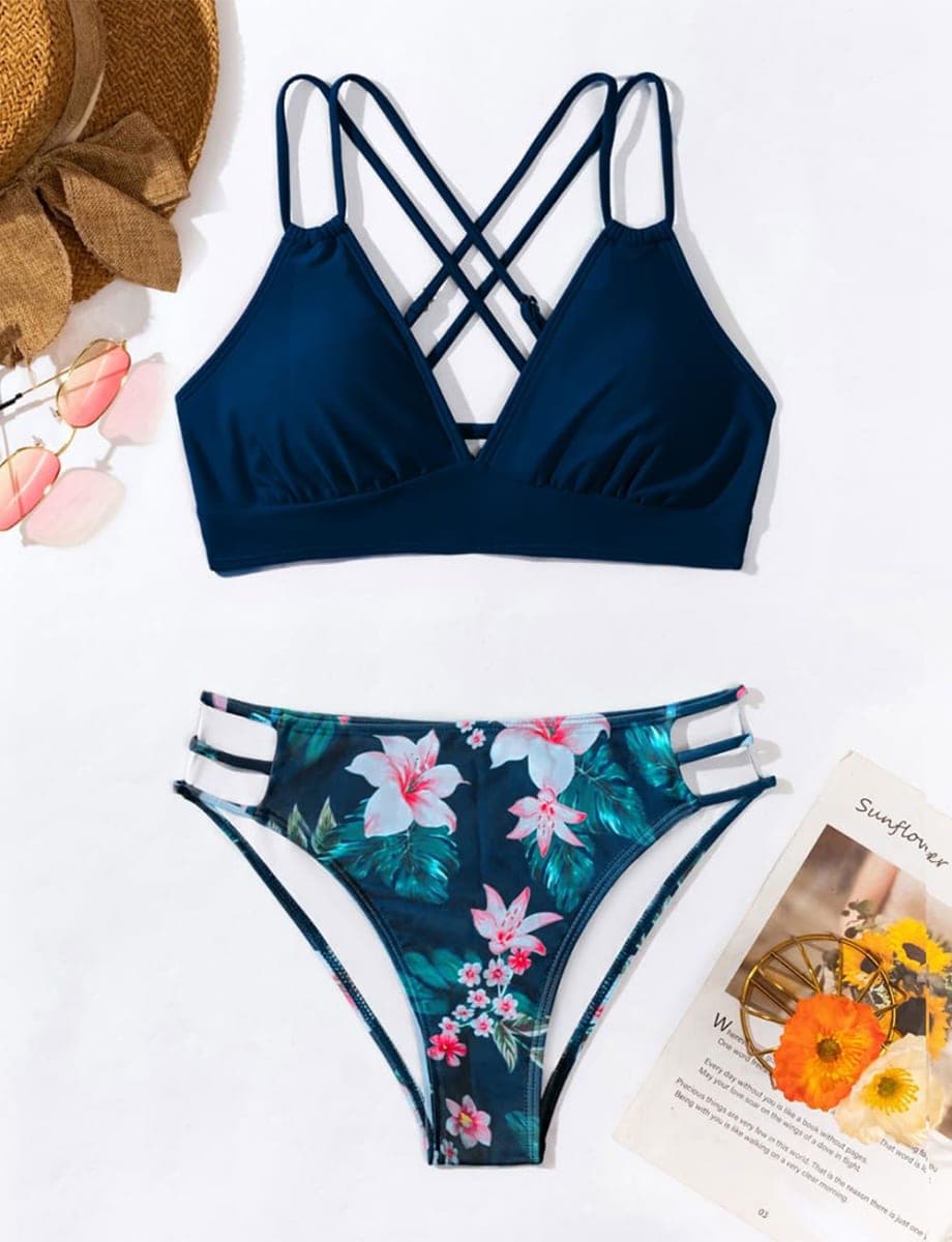 Tainehs Women's Push Up V Neck Bikini Sets Criss Cross Back Two Piece Bathing Suit, Dark Blue Floral, Medium thumbnail 3