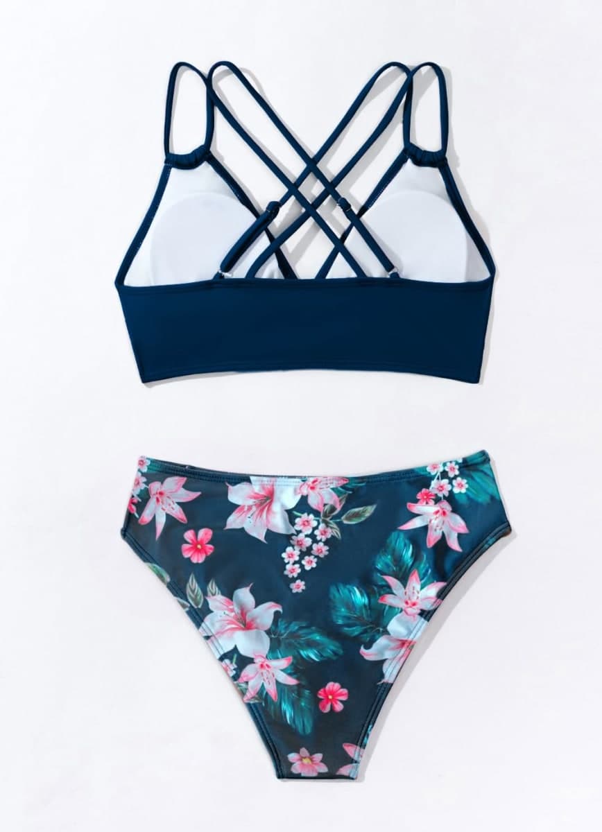 Tainehs Women's Push Up V Neck Bikini Sets Criss Cross Back Two Piece Bathing Suit, Dark Blue Floral, Medium thumbnail 4