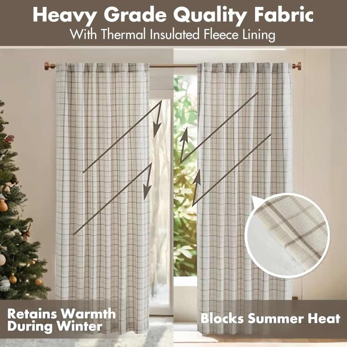Madison Park Anaheim Cabin Plaid Curtain Window, Thermal Insulated Fleece Lining, Living Room Decor Room Darkening Drape for Bedroom, 1-Single Panel Pack, 50" x 84", Rod Pocket, Natural thumbnail 3