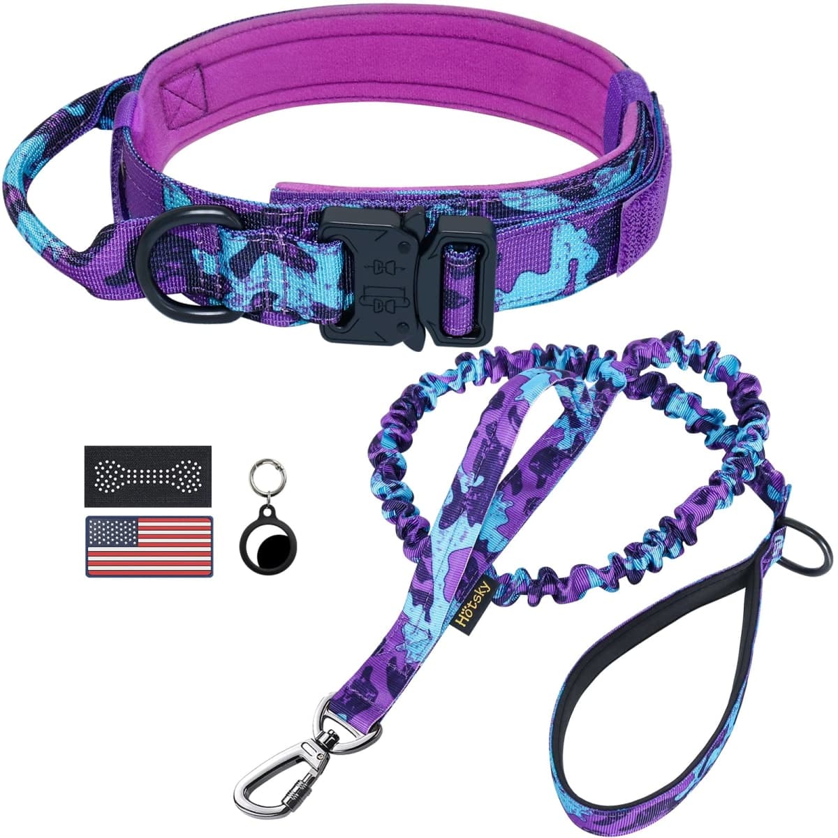 Hotsky Tactical Dog Collar and Leash Set, Heavy Duty Military Airtag Dog Collar with Handle and Metal Buckle for Training and Walking, with Airtag Holder and Two Patches(Purple Camo, L) — image 1