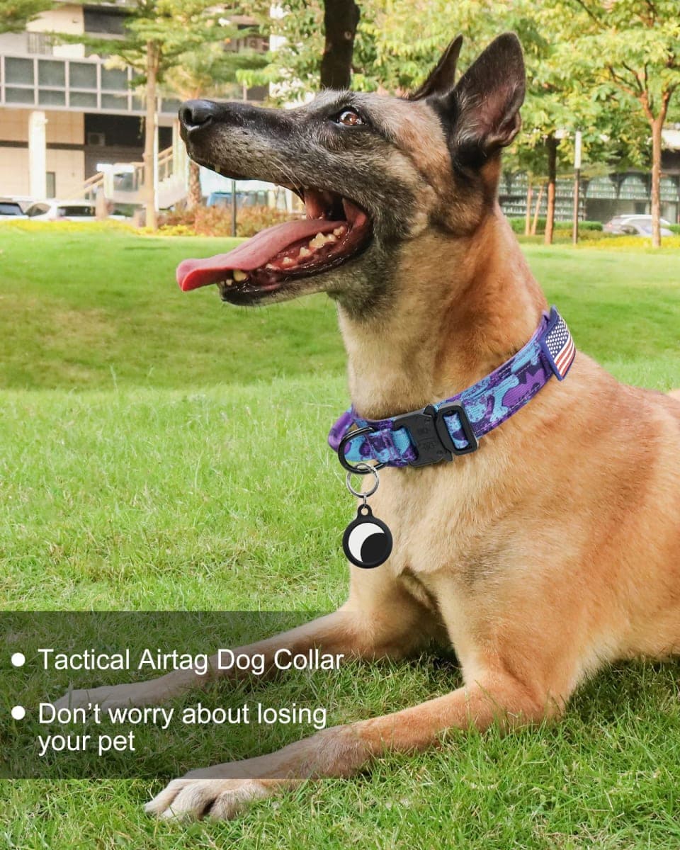 Hotsky Tactical Dog Collar and Leash Set, Heavy Duty Military Airtag Dog Collar with Handle and Metal Buckle for Training and Walking, with Airtag Holder and Two Patches(Purple Camo, L) thumbnail 2