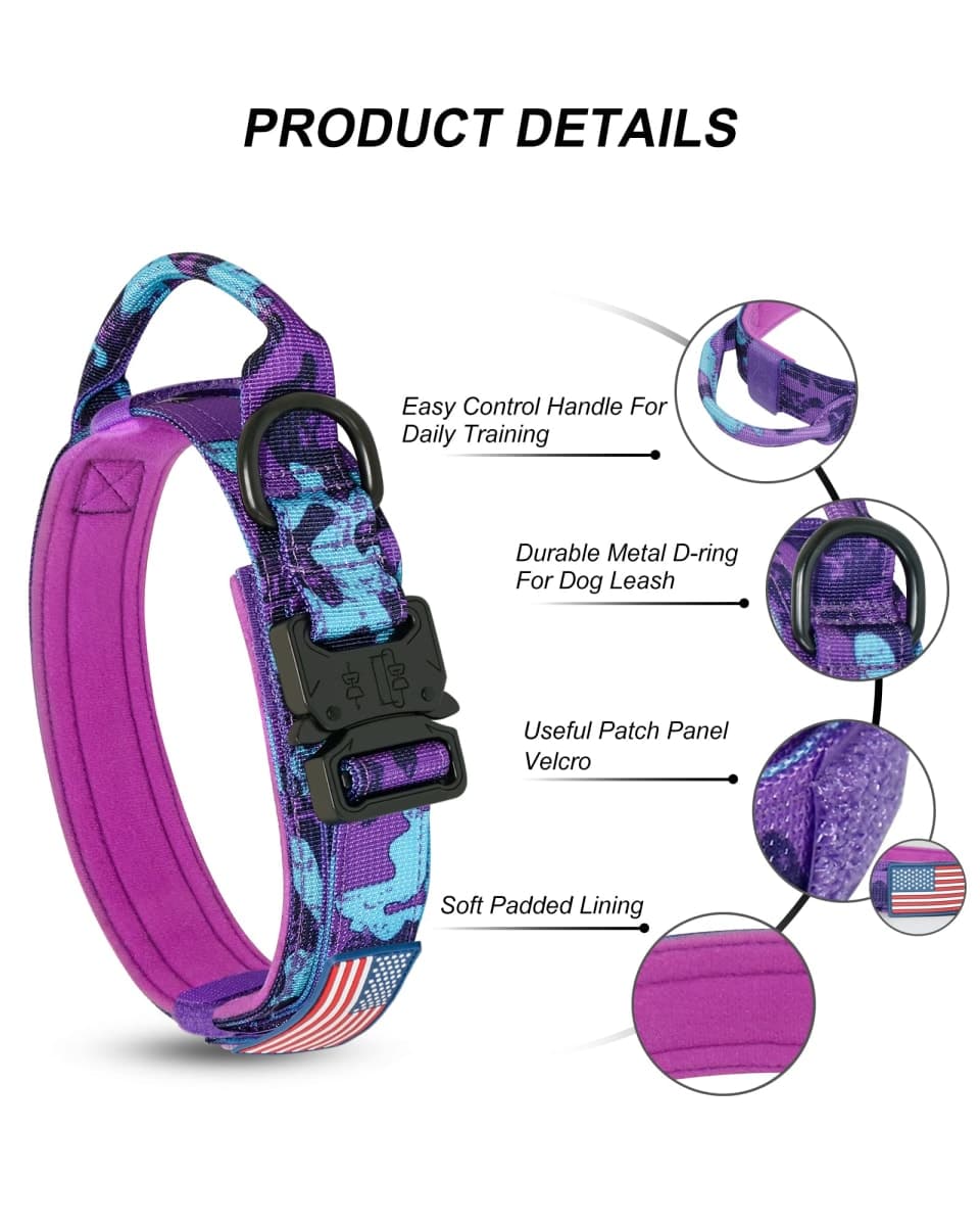 Hotsky Tactical Dog Collar and Leash Set, Heavy Duty Military Airtag Dog Collar with Handle and Metal Buckle for Training and Walking, with Airtag Holder and Two Patches(Purple Camo, L) thumbnail 3