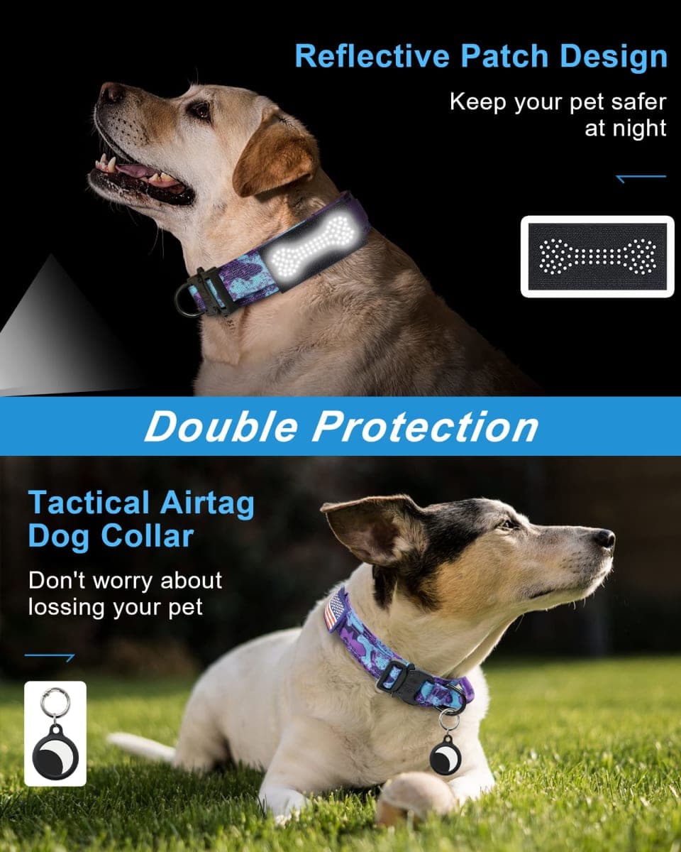Hotsky Tactical Dog Collar and Leash Set, Heavy Duty Military Airtag Dog Collar with Handle and Metal Buckle for Training and Walking, with Airtag Holder and Two Patches(Purple Camo, L) thumbnail 4