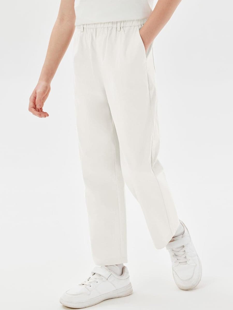Haloumoning Boys Elastic Waist Pants Kids Uniform School Cotton Twill Trousers with Pockets 5-14 Years White thumbnail 3