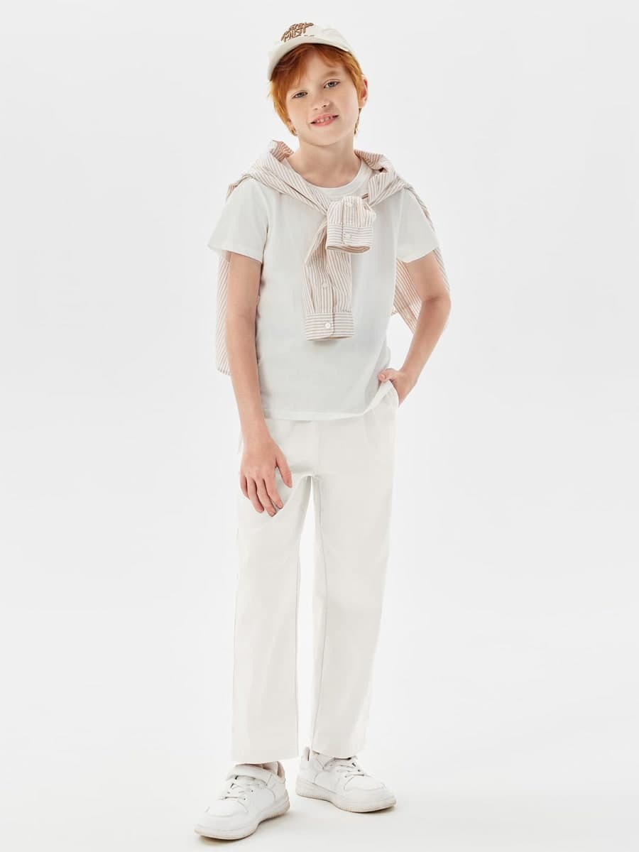 Haloumoning Boys Elastic Waist Pants Kids Uniform School Cotton Twill Trousers with Pockets 5-14 Years White thumbnail 5