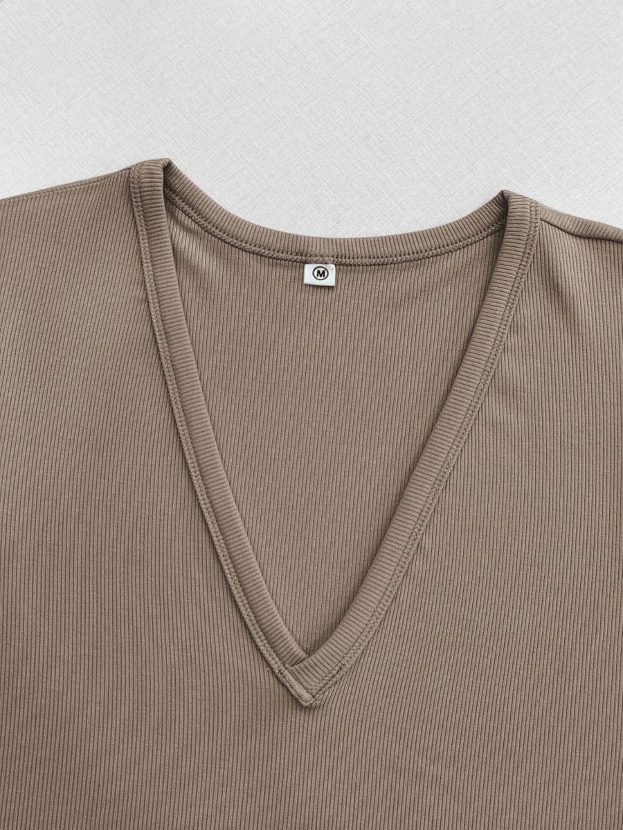 Albe Rita Women Short Sleeve T-Shirt Cap V Neck Shirts for Women Ribbed Casual Top Knit Slim Fit for Summer, Khaki, Small thumbnail 3