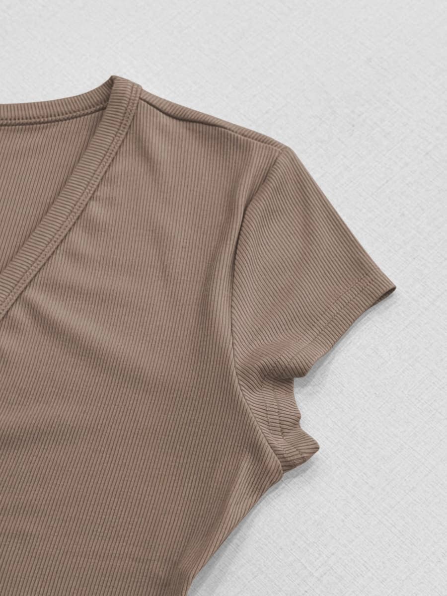 Albe Rita Women Short Sleeve T-Shirt Cap V Neck Shirts for Women Ribbed Casual Top Knit Slim Fit for Summer, Khaki, Small thumbnail 4