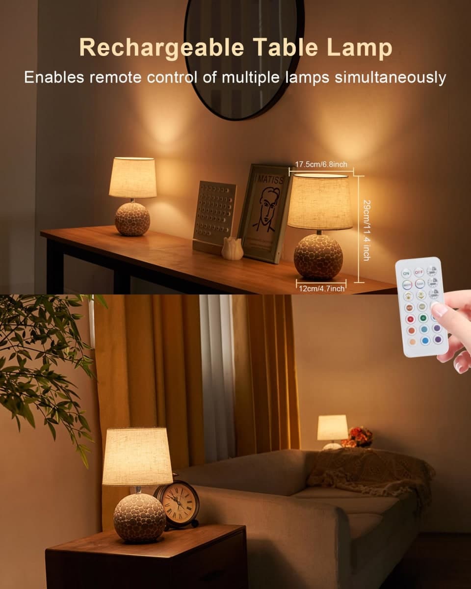 UMEXUS 11" H Ceramic Rechargeable Cordless Table Lamp with Timer & Remote - Small Battery Operated Lamp with Linen Shade & RGB Dimmable Light for Restaurant Dining Living Bedroom Kitchen Patio Side thumbnail 2