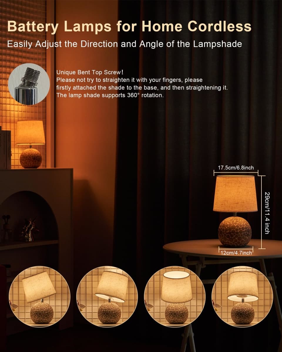 UMEXUS 11" H Ceramic Rechargeable Cordless Table Lamp with Timer & Remote - Small Battery Operated Lamp with Linen Shade & RGB Dimmable Light for Restaurant Dining Living Bedroom Kitchen Patio Side thumbnail 4