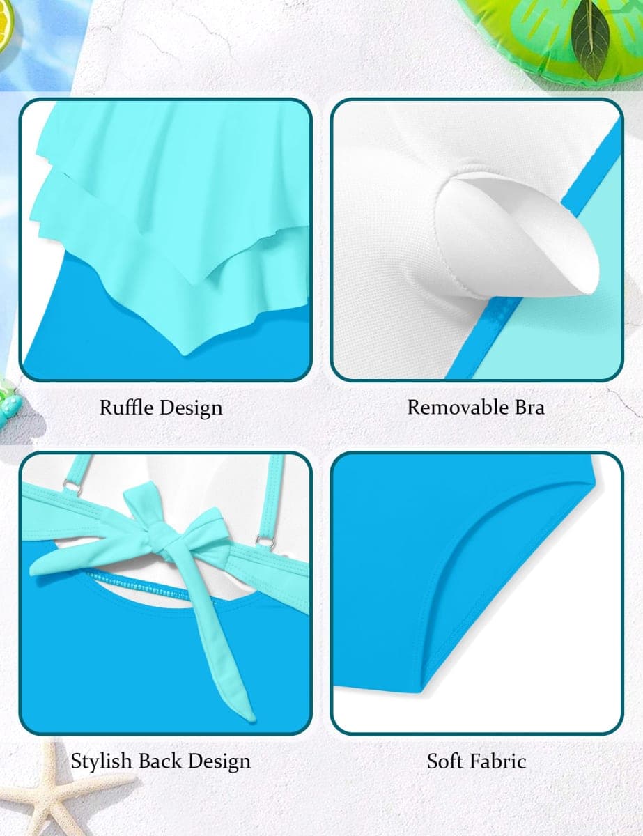 Tomolant Girls Swimsuit Color Block One Piece Swimsuit 2-Tiered Ruffle Bathing Suit Adjustable Strap Girls' Swimwear 7-16Y, Light Cyan+light Blue, 13-14 Years thumbnail 4