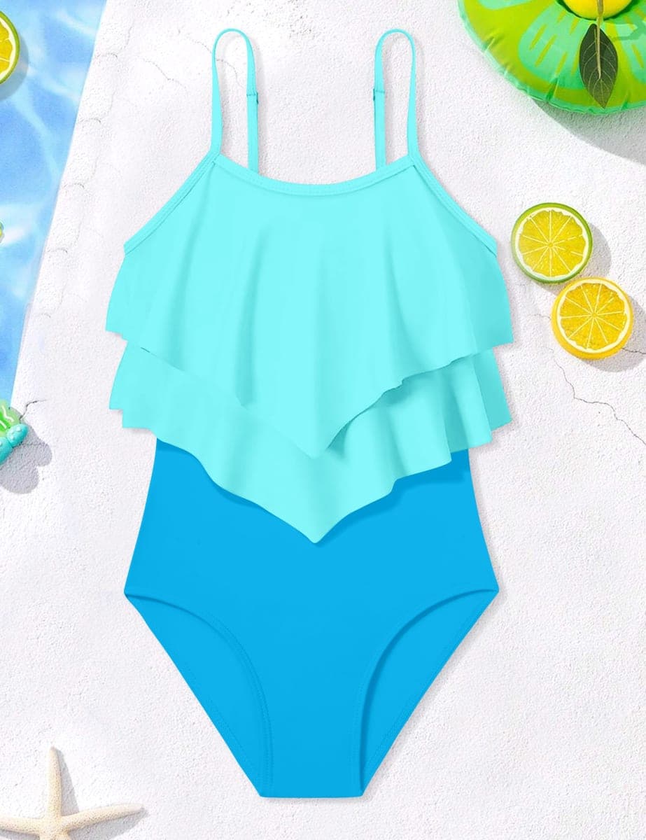 Tomolant Girls Swimsuit Color Block One Piece Swimsuit 2-Tiered Ruffle Bathing Suit Adjustable Strap Girls' Swimwear 7-16Y, Light Cyan+light Blue, 13-14 Years thumbnail 5