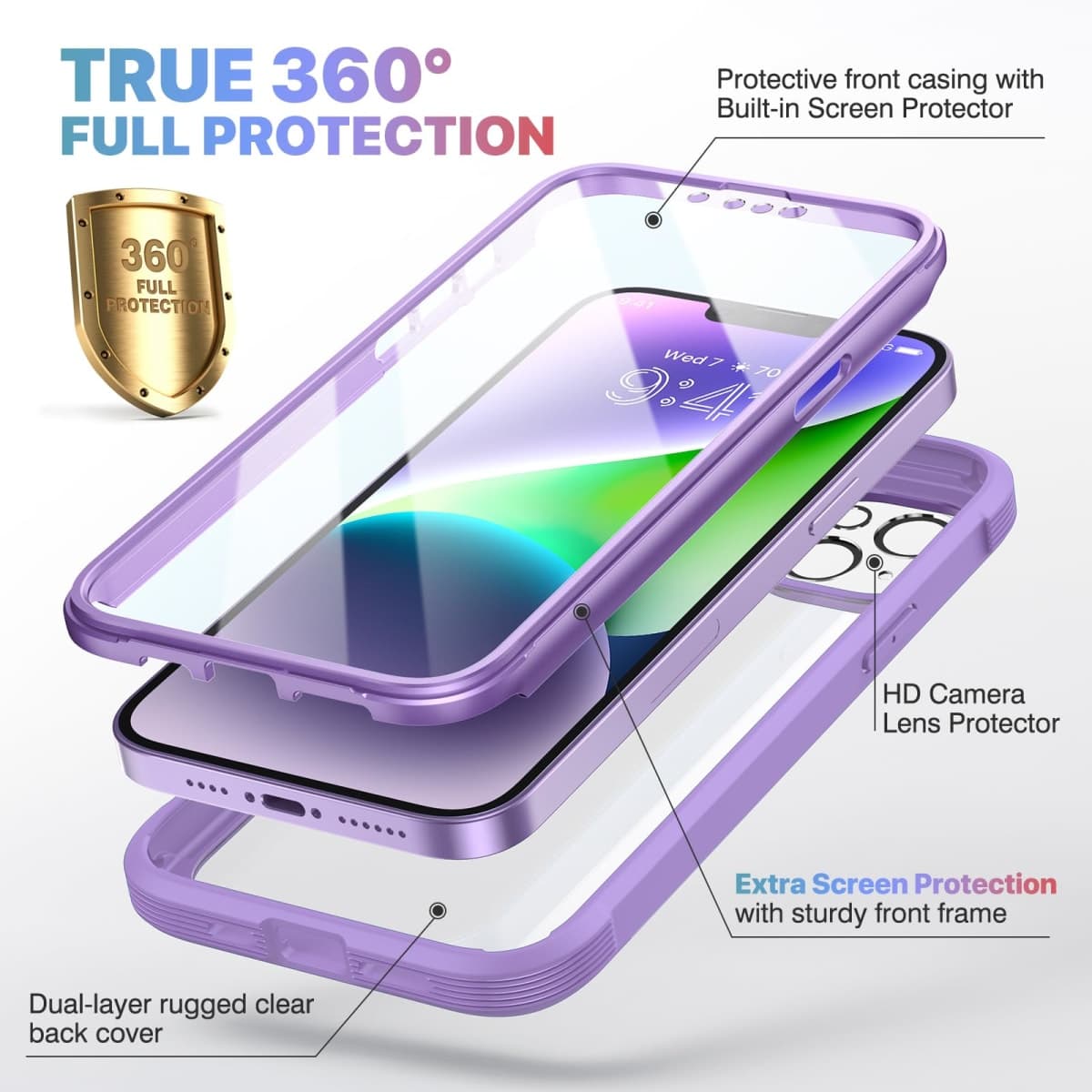 Diaclara Designed for iPhone 14 Case, Full Body Rugged with Built-in Touch Sensitive Anti-Scratch Screen Protector, Soft TPU Bumper Case for iPhone 14 6.1", Purple thumbnail 2