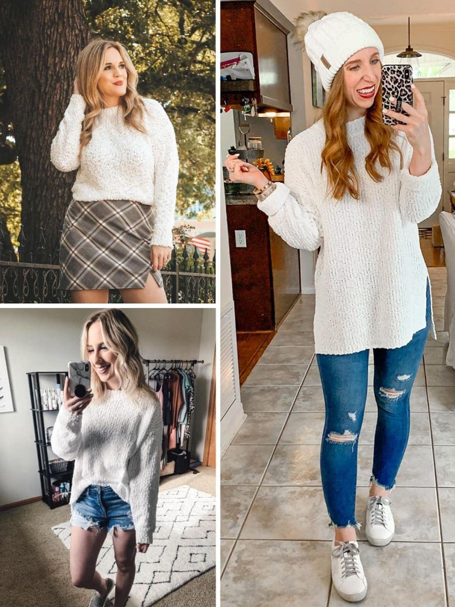 Imily Bela Womens Fuzzy Knitted Sweater Sherpa Fleece Side Slit Full Sleeve Jumper Outwears, White, Large thumbnail 3
