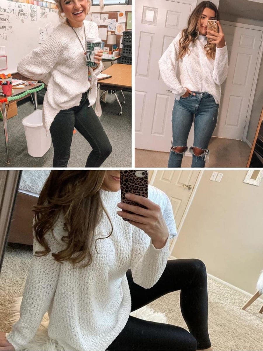 Imily Bela Womens Fuzzy Knitted Sweater Sherpa Fleece Side Slit Full Sleeve Jumper Outwears, White, Large thumbnail 4
