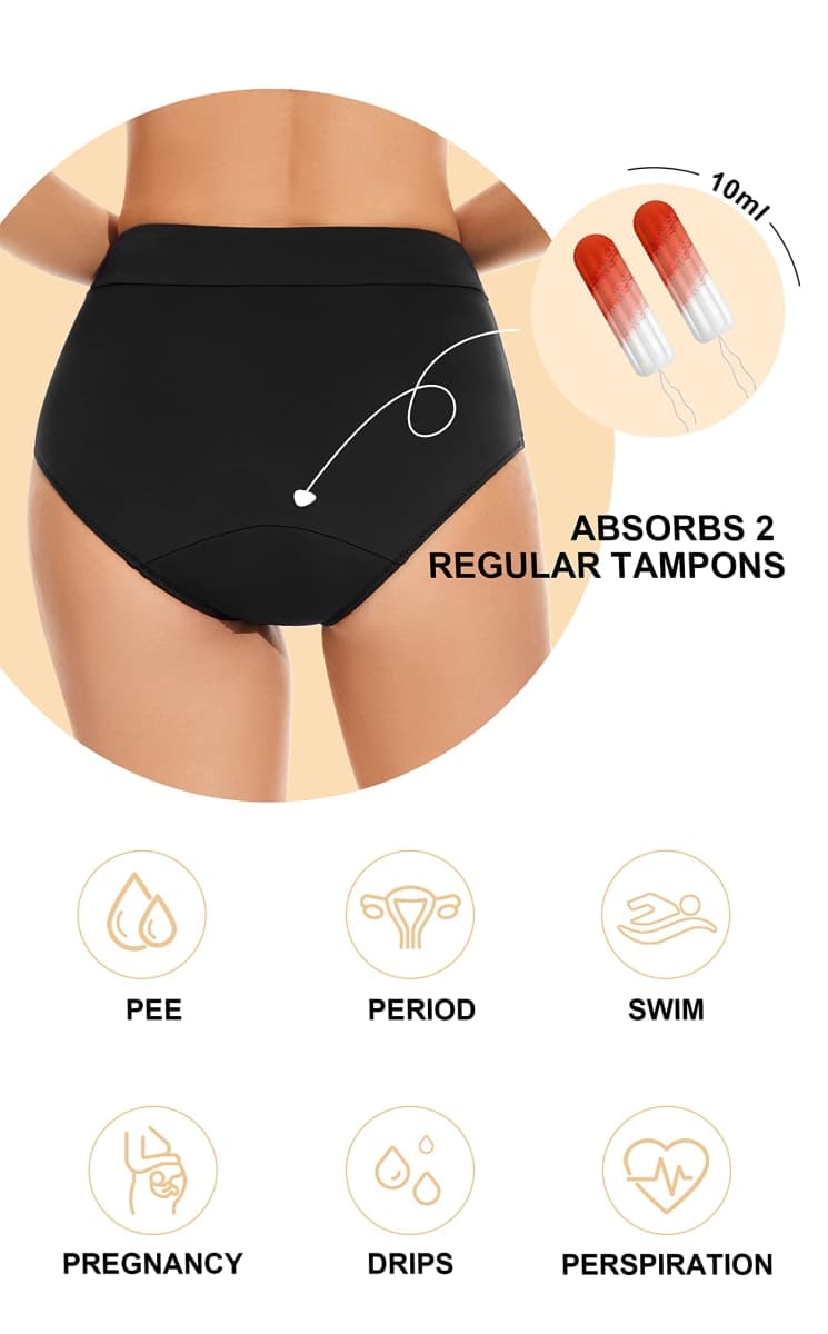 OVRUNS Period Swimwear Leakproof Bikini Brief Bottoms Waterproof Menstrual Swim Bottoms for Teens, Girls, Women Black XXL thumbnail 2