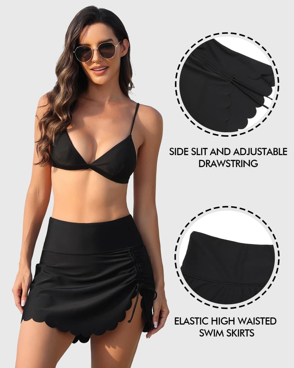 ANFILIA Women's High Waisted Swim Skirt Bottoms Ruched Scallop Trim Bathing Suit Skirts Split Tankini Swimsuit Bottom, Black, Medium thumbnail 4