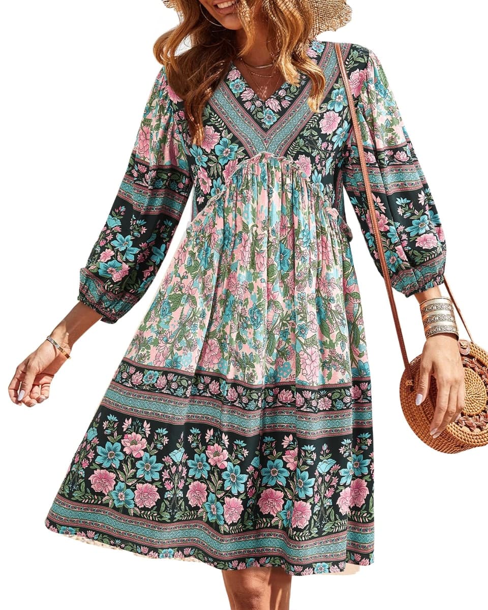 BTFBM Women Casual Spring Summer Dresses V Neck 3/4 Long Sleeve Ruffle Floral Flowy Boho Babydoll Mini Beach Dress(Floral White Red, Small) — image 1