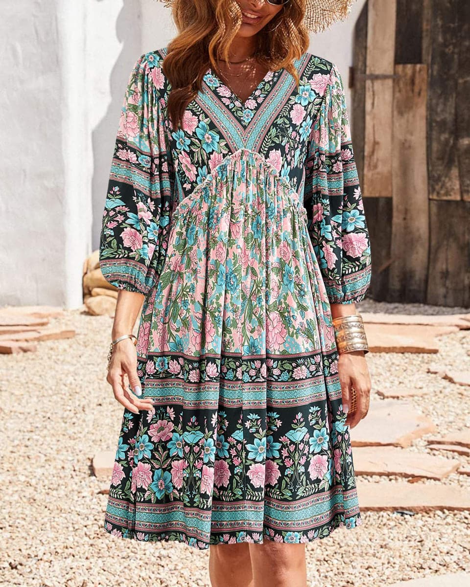 BTFBM Women Casual Spring Summer Dresses V Neck 3/4 Long Sleeve Ruffle Floral Flowy Boho Babydoll Mini Beach Dress(Floral White Red, Small) thumbnail 2