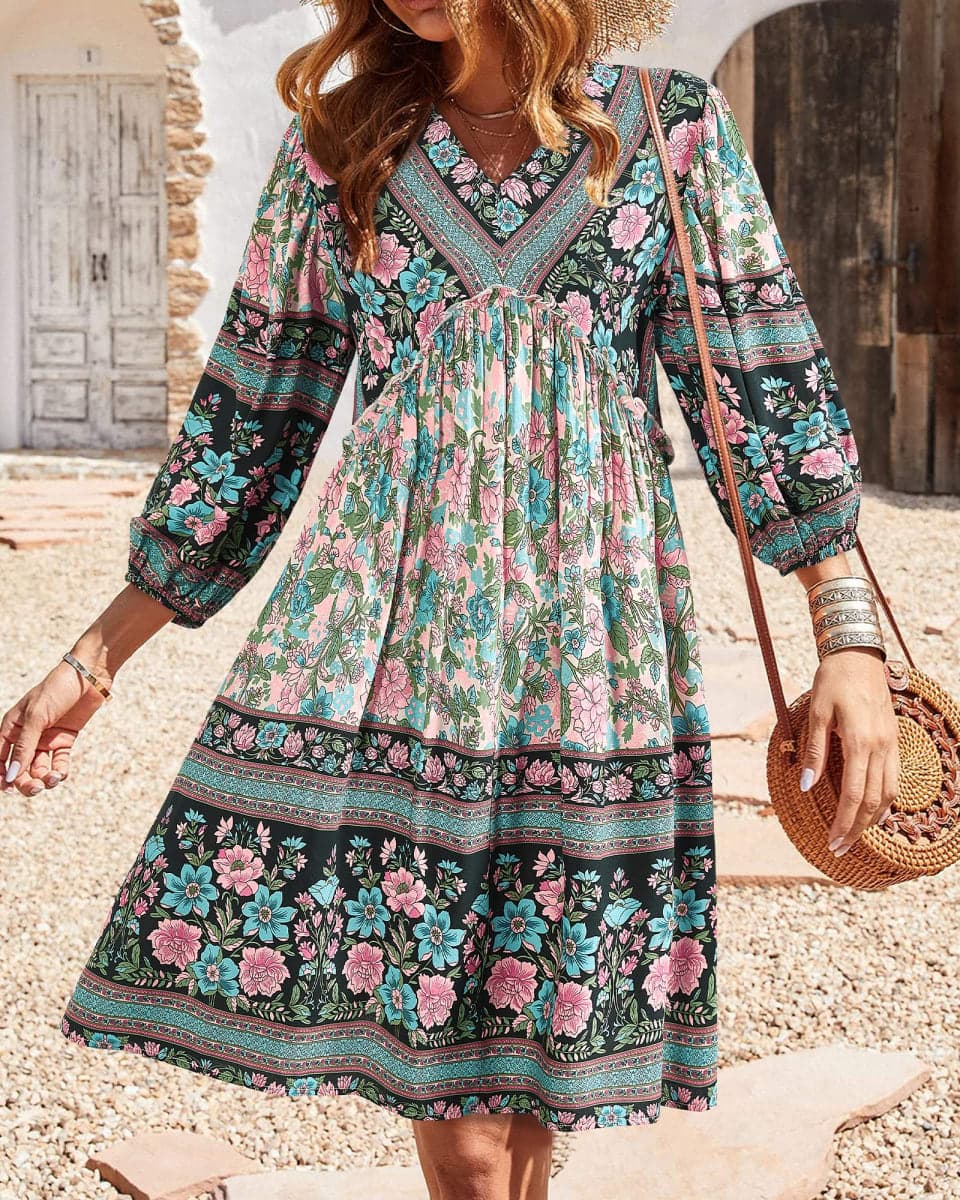 BTFBM Women Casual Spring Summer Dresses V Neck 3/4 Long Sleeve Ruffle Floral Flowy Boho Babydoll Mini Beach Dress(Floral White Red, Small) thumbnail 3