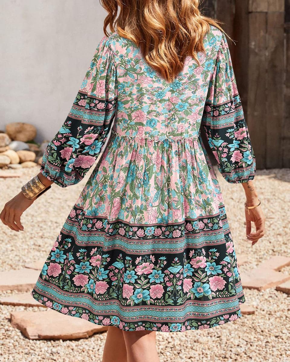 BTFBM Women Casual Spring Summer Dresses V Neck 3/4 Long Sleeve Ruffle Floral Flowy Boho Babydoll Mini Beach Dress(Floral White Red, Small) thumbnail 4