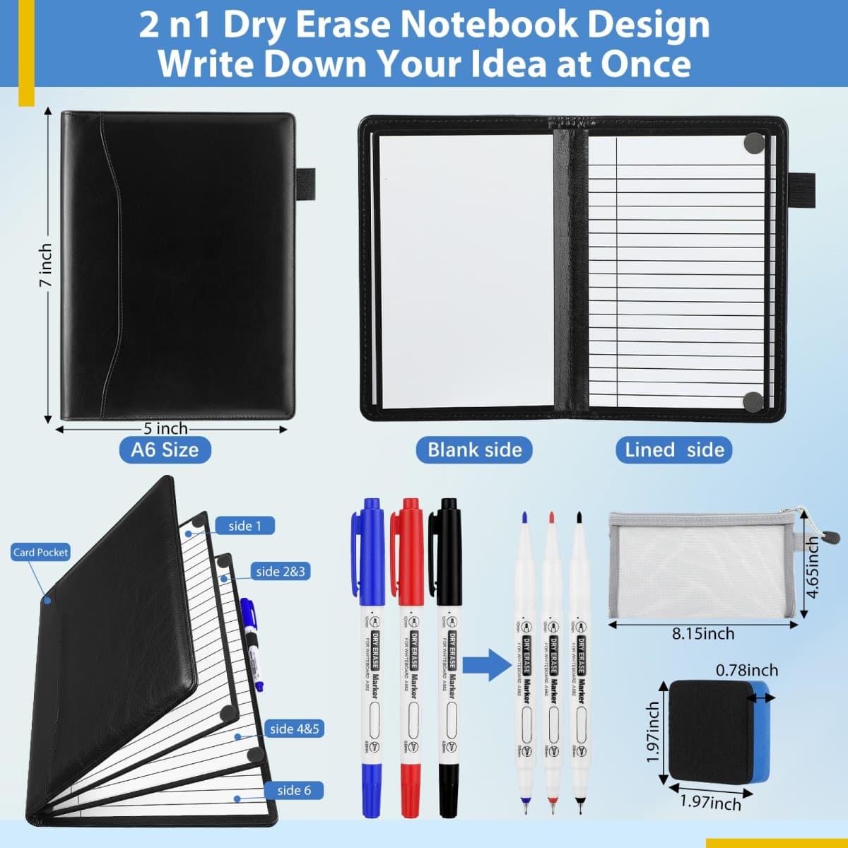 Feifeiya 6 Sides Dry Erase Notebook Portable Whiteboards Notebook Small Reusable College Ruled Lined Board Folding Mini Travel Dry Erase White Board for Office Study(Pink,A6: 5 x 7 Inches) thumbnail 2